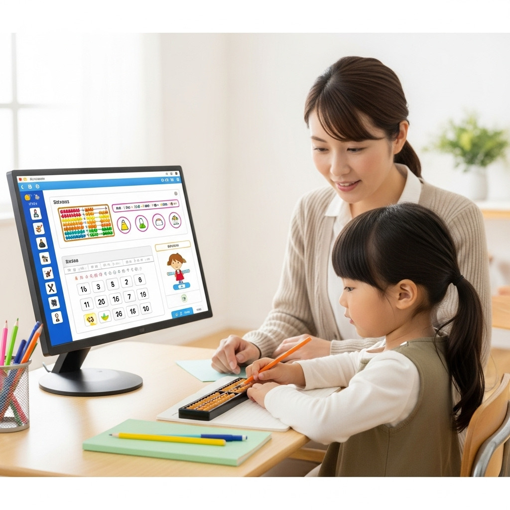 子どもがそろばんのオンラインレッスンを受けている画面と保護者の見守る姿