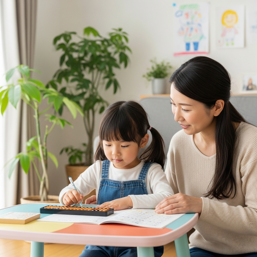 そろばんを使ってレッスンに取り組む子どもと、優しく見守る保護者の風景