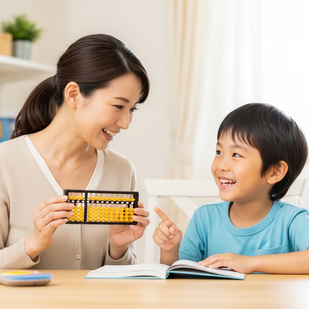 オンラインそろばん無料体験後、笑顔で感想を話す親子の様子