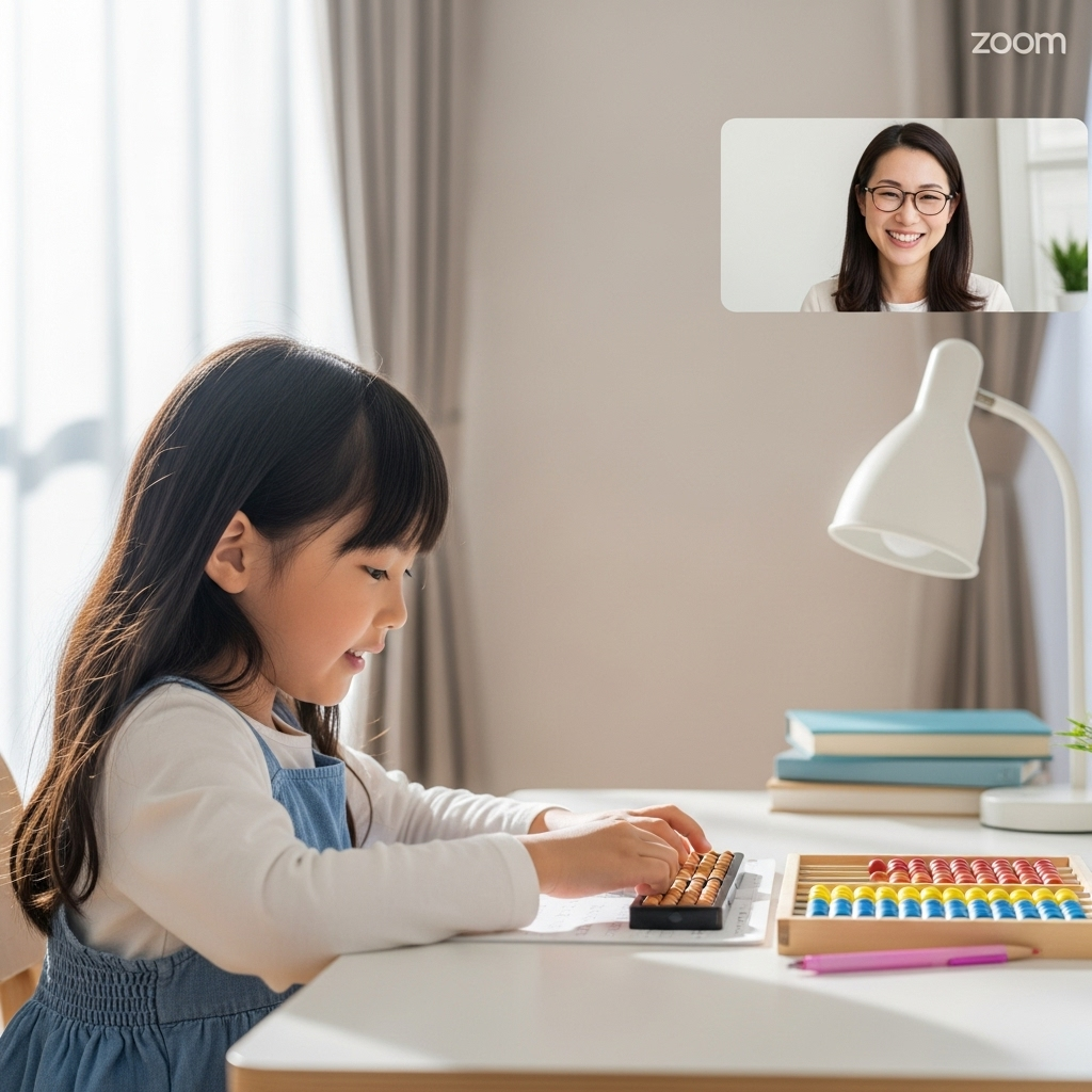 自宅でそろばんを学ぶ子どもと、笑顔の講師がZoomでつながっている様子