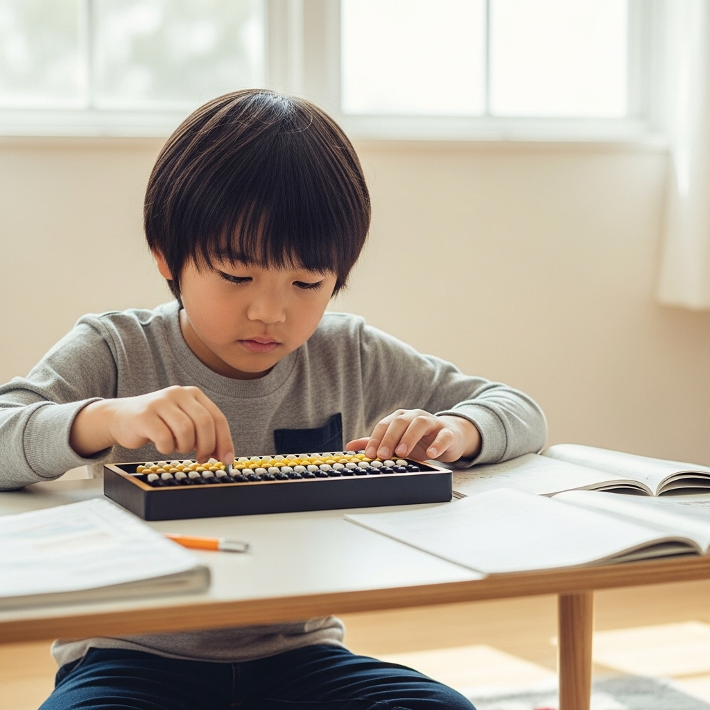 子どもがそろばんを使って集中している様子