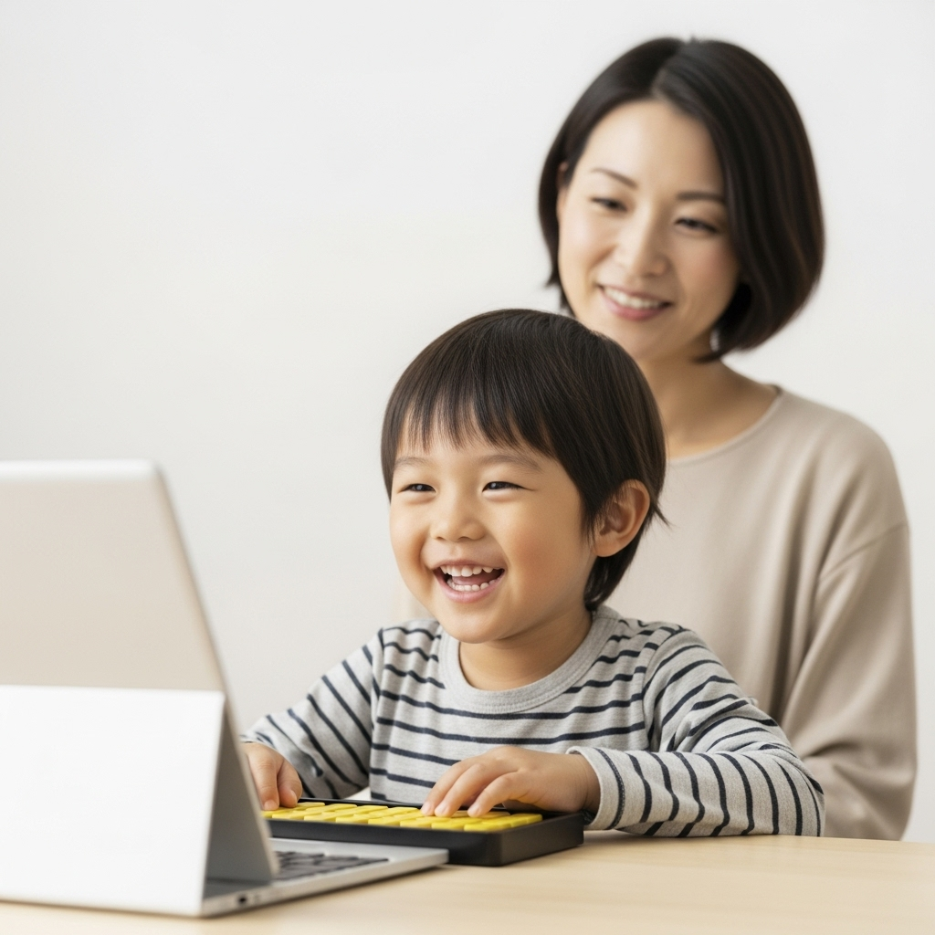そろばんレッスン後、達成感のある子どもの笑顔と安心する保護者の姿