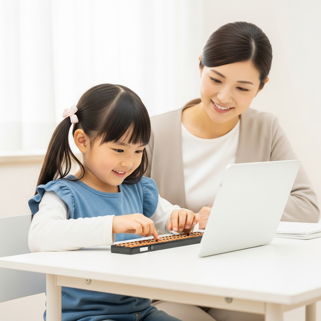 そろばんに夢中になっている子どもの姿と、その様子を見守る保護者