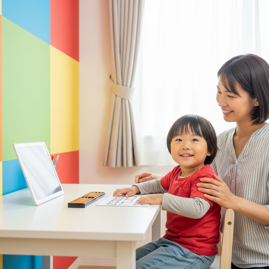 そろばんの無料体験レッスン後、達成感を感じる子どもと安心する親子の様子