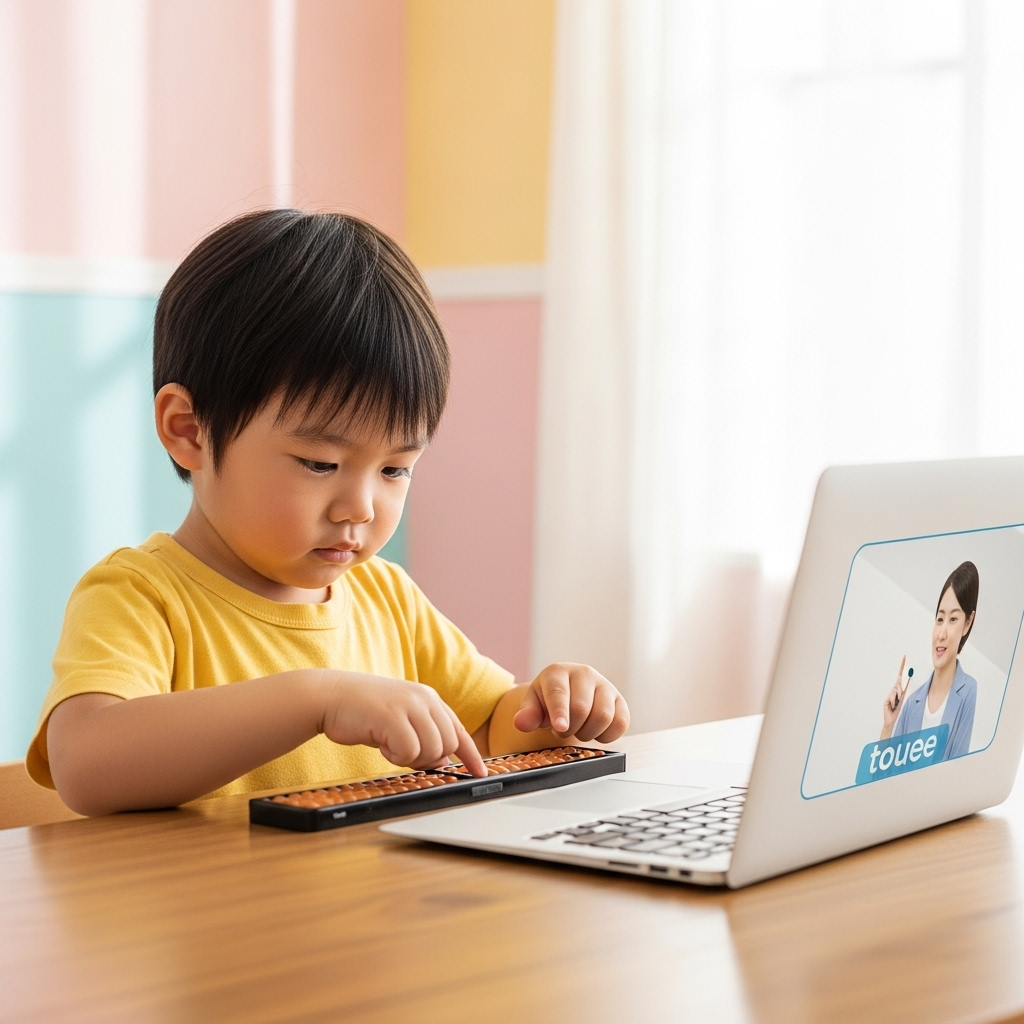 真剣な表情でそろばんに取り組む幼児の姿