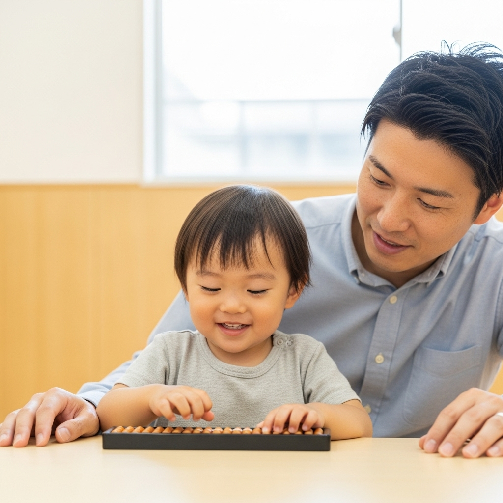 そろばんの無料体験レッスン後、達成感に満ちた表情の幼児と安心する保護者の姿